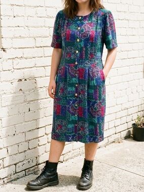 Vintage 90s Abstract Print Midi Dress Colorblock Grunge Retro Button Front  10